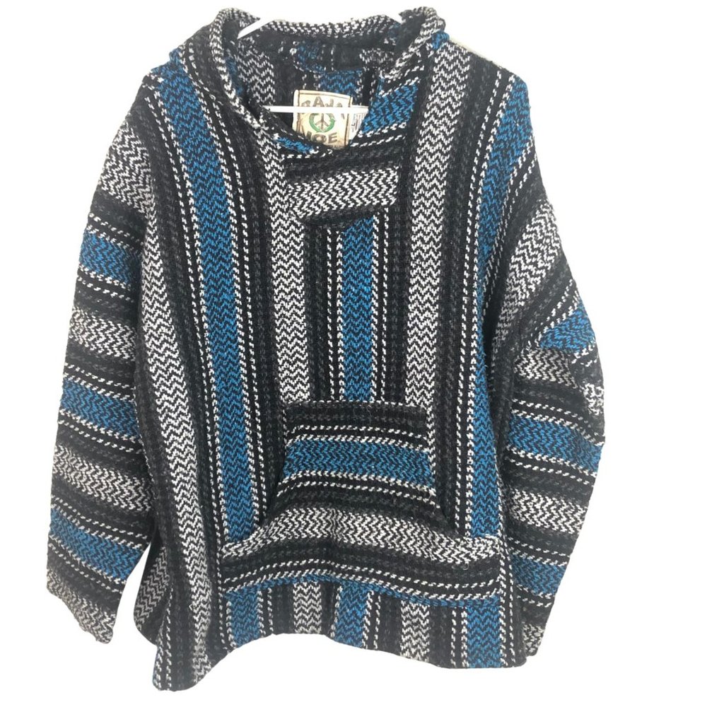 Baja Joe Sweater Men's Large Grey & Blue Hoodie Knit Poncho Long Sleeve Pockets.